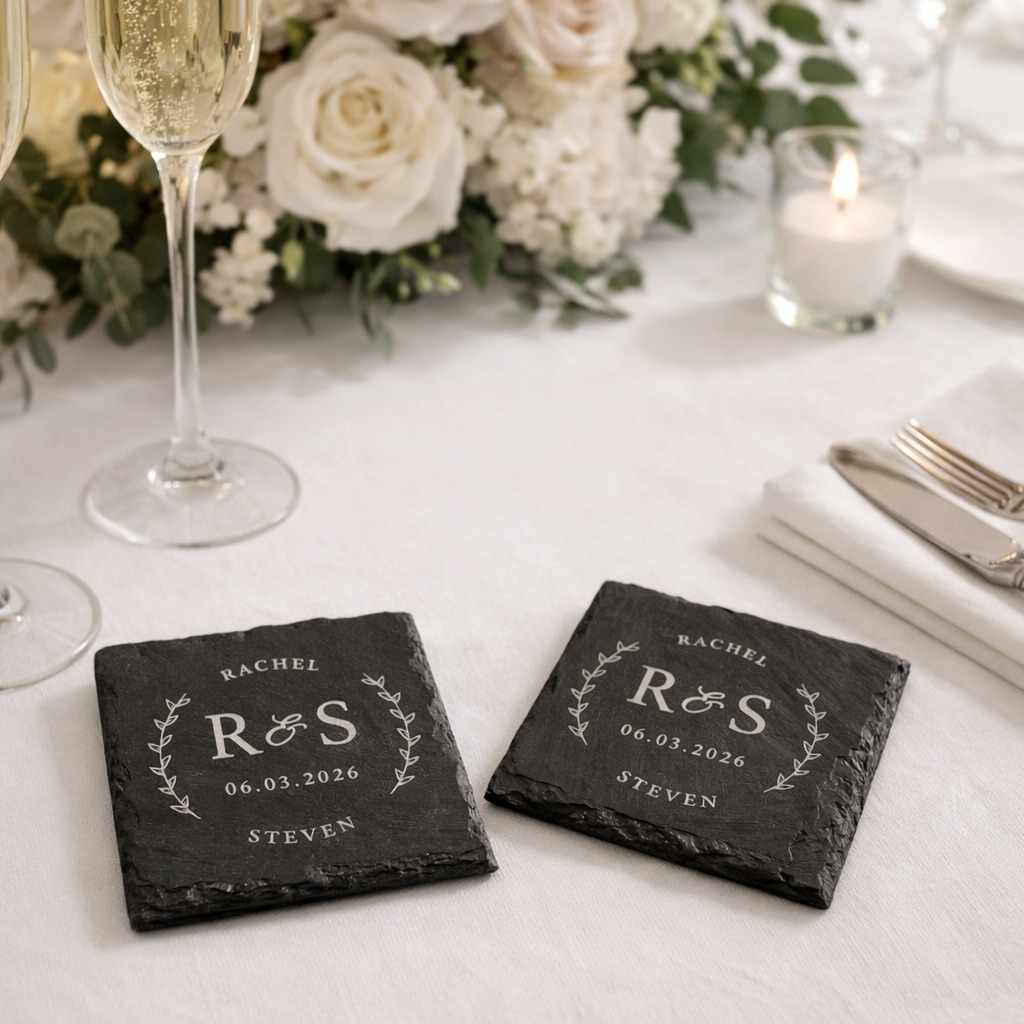 Custom designed and personalised slate wedding coasters 