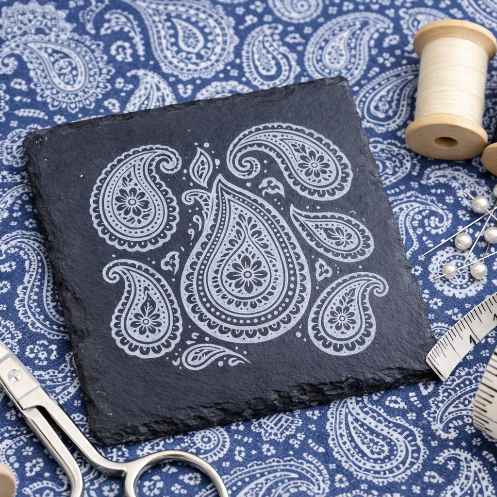 An engraved slate coaster designed with Paisley pattern design 