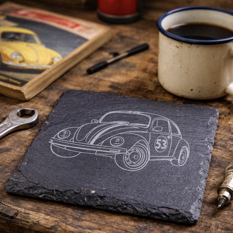 An engraved slate coaster designed as a n individual gift for VW Beetle enthusiast